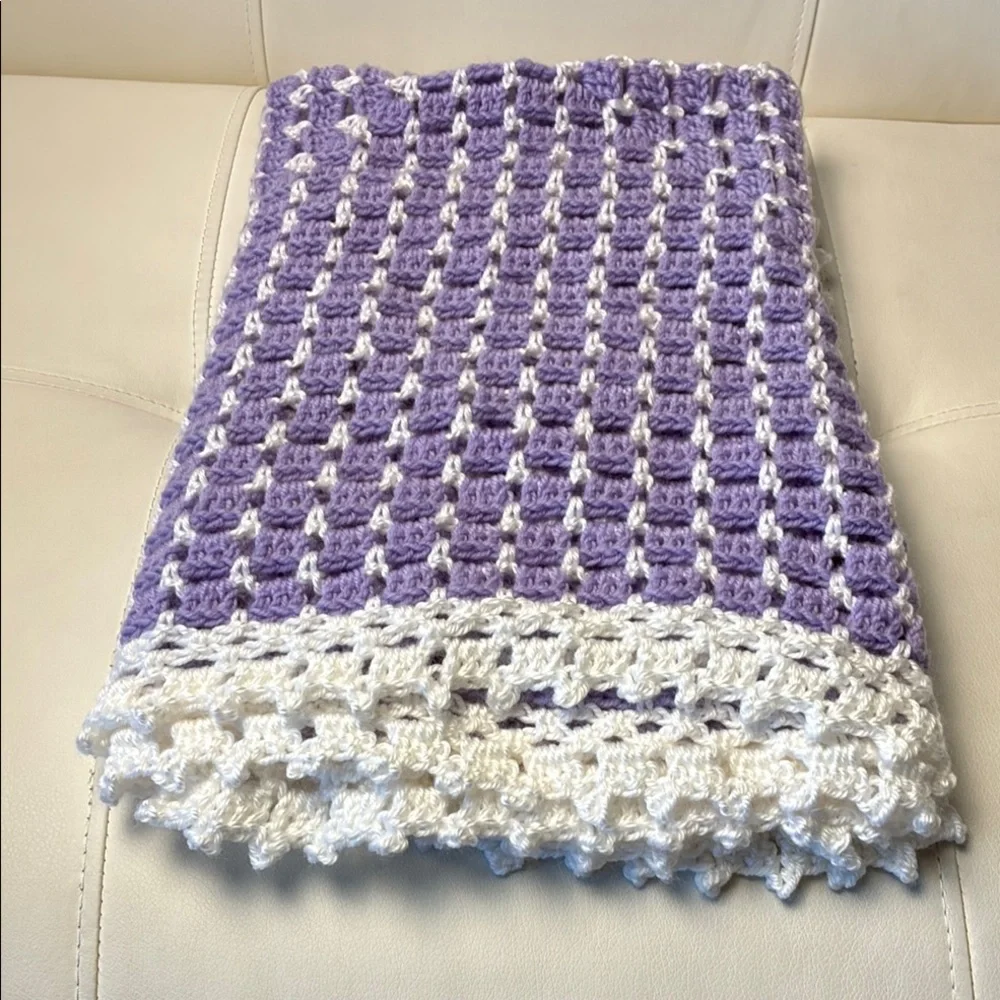 Handmade Purple and White Crochet Throw Blanket